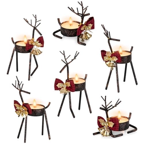 Image of Sziqiqi Stag Tealight Holders for Christmas: Rustic Reindeer Tea Light Candle Holder for Christmas Table Centrepiece - Small Metal Candle Stand for Xmas Home Dining Room Kitchen Fireplace Decor, Black