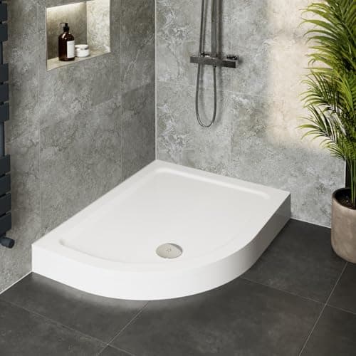 Image of Hydrolux® 1000 x 800 x 140mm White Bathroom Shower Tray for Enclosures Cubicles & Wet Room with Waste + Riser Kit, Offset Quadrant Left Hand