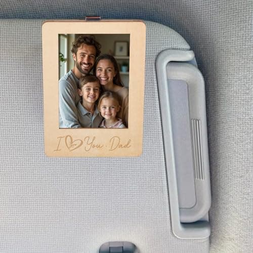 Image of PRESSINART Sun Visor Photo Frame I Love You Dad Wooden Car Picture Holder with 201 Stainless Steel Car Eyeglasses Holder Clip Rectangle Interior Accessories Photo Display Gifts for Family Friends Dad
