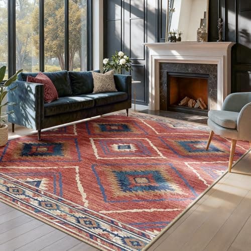 Image of DEFYNEE Machine Washable Area Rug, Unisex, Red, 120 x 180 cm, Moroccan Style, Living Room, Kitchen, Bedroom, Hallway, Dining Room