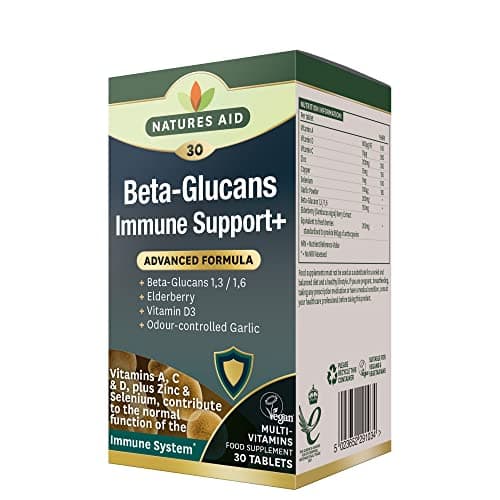 Image of Natures Aid Beta Glucans Immune Support Supplement - Vitamin C, D3, A, Zinc, Selenium, Garlic & Elderberry - Immune System Support for Adults - Vegan, Gluten Free, Non-GMO - 30 Tablets