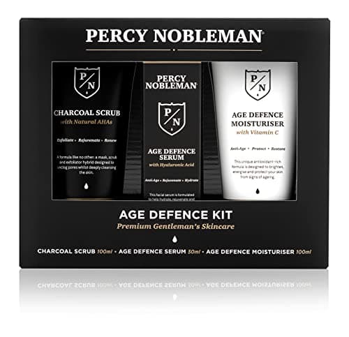 Image of Percy Nobleman Age Defence Kit, a men's skincare set containing Charcoal Face Scrub (with Natural AHAs), ultra-hydrating Facial Serum (with Hyaluronic Acid), and Moisturiser (with Vitamin C)