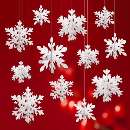 Image of XNIVUIS 12 Pcs 3D White Snowflake Hanging Decorations, Christmas Ornaments, Paper Snowflake, Winter Wonderland Decorations for Birthday, Wedding, New Year, Party Accessories