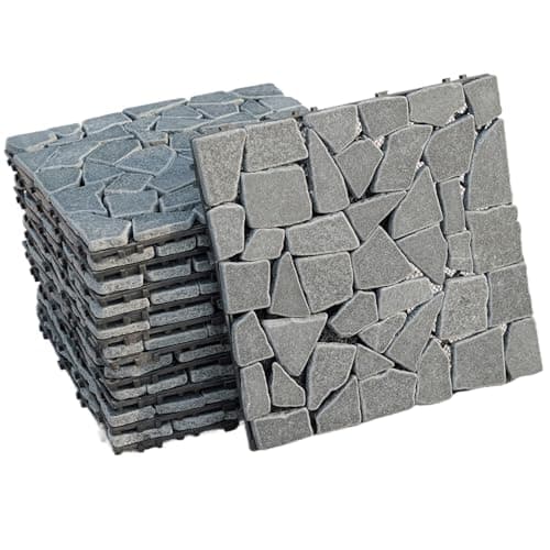 Image of Gr8 Garden 11 Piece Flat Cut Grey Rock Stone Interlocking Floor Decking Tiles Outdoor Patio Garden Lawn Balcony Floor Play Area Deck Terrace Set