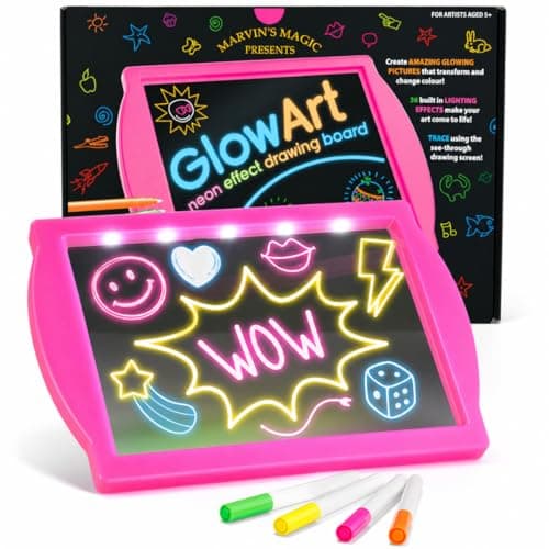 Image of Marvin's Magic - Glow Art LED Drawing Board for Children - Pink Light Up Drawing Pad with Glow in The Dark Colouring Pens - Battery Powered Tablet - Tracing Pad for Ages 5+