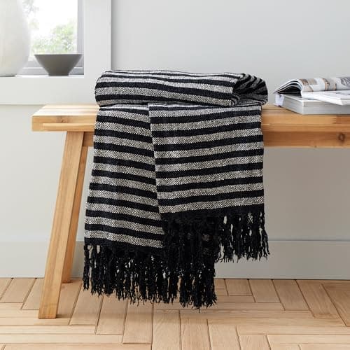 Image of Catherine Lansfield Stripe Chenille 130x170cm Blanket Throw Black