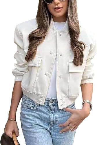 Image of TANMESSO Casual Women's Cropped Bomber Jacket - Button Down Varsity Shacket with Pockets (Apricot,S,S,Regular,Regular)