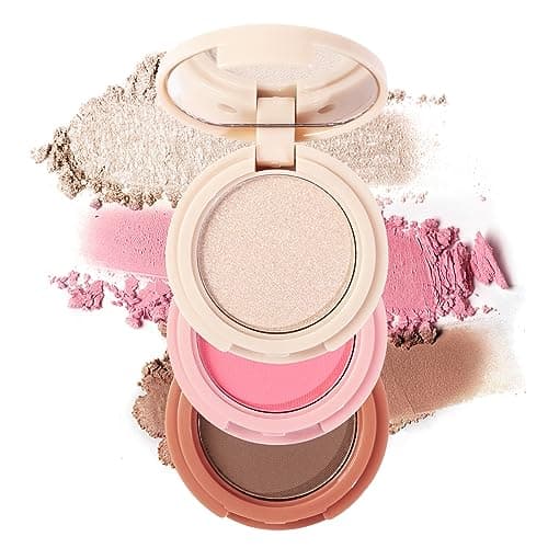 Image of Erinde Mini Highlighter, Bronzer & Blush Powder Palette, Matte Shimmer Powder Makeup, Tiny Face Palette with Mirror All in One, Blendable, Travel Friendly, Cruelty Free, 3 Colours