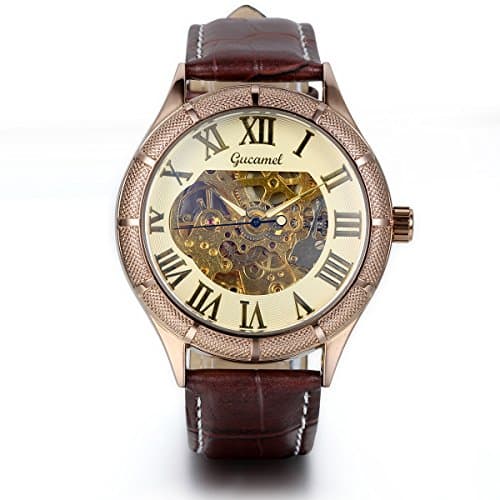 Image of JewelryWe Classic Skeleton Mechanical Movement Wristwatch Brown Leather Business Men's Watch