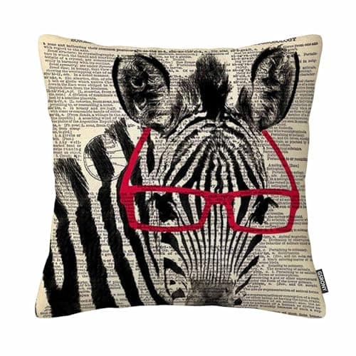 Image of GSRONY Zebra Throw Pillow Covers Smart Zebra Red Black Glasses Art Animal Black White Antique Dictionary Book Pillow Case 18x18 Inches