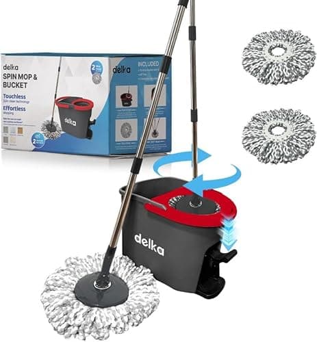 Image of delka Spin Mop and Bucket Set – Easy Foot Pedal Water Removal, 360° Swivel Motion, Includes 2 Microfibre Mop Heads, All-Surface Cleaning, Splash Guard for Clean Mopping (Spin Mop Black and Red)