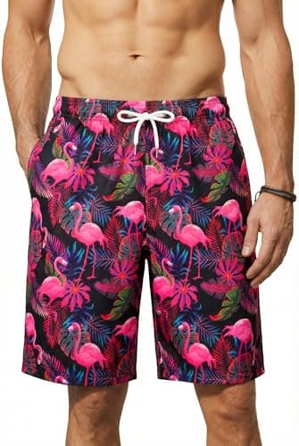 Image of Enlision Mens Swimming Shorts Summer Beach Shorts Men Quick Dry Hawaiian Swim Trunks Casual Holiday Surfing Boardshorts Hot Pink Flamingo Tropical Printed Short Pants with Mesh Lining Pockets XL