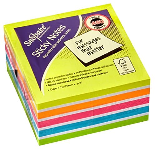 Image of Snopake 76 x 76 mm Multicoloured Rainbow NeonMix Sticky Notes [Cube of 450 Sheets] 15761