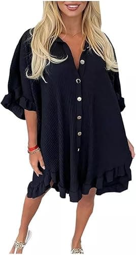 Image of Shop Nova® Womens Ladies Gold Button Pleated Frill Summer Shirt Swing Smock Mini Dress Top (Black, 26)