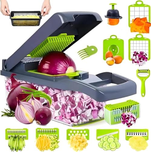 Image of 16-in-1 Vegetable Chopper and Dicer with Container, Manual Onion Chopper, Potato Cutter, Mandoline Slicer & Julienne Grater, Plastic & Stainless Steel, Gray & Black, Hand Guard