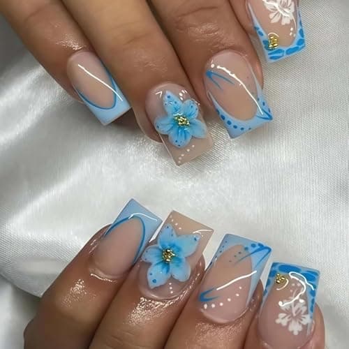 Image of Blue Floral Square Press-On Nails with French Tip & Translucent Nude Base - Short False Nails Set Featuring 3D Rhinestone, Gold Details & Jelly Adhesive Tabs for Summer Manicure, 24Pcs