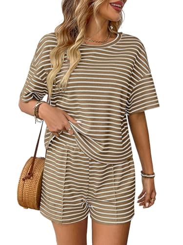 Image of DONYKARRY Womens 2 Piece Sets Striped Short Sleeve Lounge Set Outfit T Shirts and Shorts Loungewear Matching Set(Khaki,L)