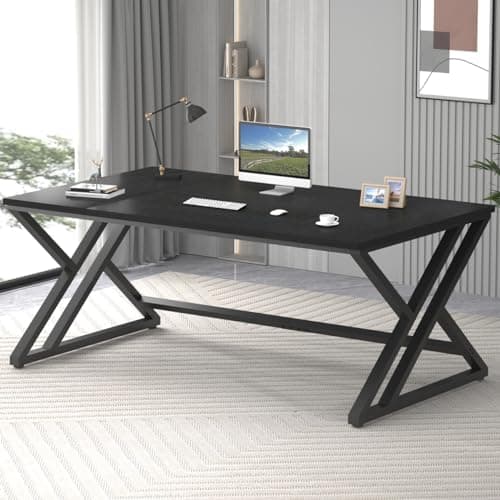 Image of LVB Black Computer Desk, Large Industrial Pc Study Home Office Desk, Long Modern Wood Gaming Work Writing Desk for 2 Person, Farmhouse Double Workstation Executive Desk with Storage in Bedroom 180cm