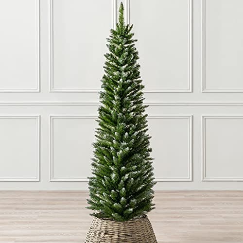 Image of Christow Frosted Pencil Christmas Tree 5ft, Artificial Slim Snowy Spruce, Indoor Home Xmas Decoration, Natural Looking Dual Tone PVC Needles, Easy Assembly with Stand (tree skirt not included)
