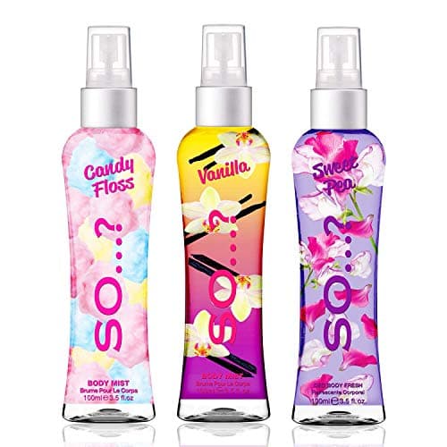Image of Body Mist by So…? Womens Candy Floss, Vanilla, Sweet Pea Body Spray Mixed Fragrance Bundle 100ml (Pack of 3)