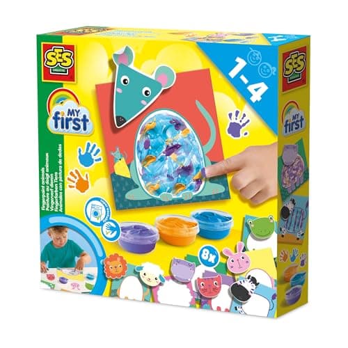 Image of SES Creative 14444 - My First - Fingerpaint Animals, Bright Colours, Paint Set with 8 Painting Cards and 8 Large Animal Stickers for Young Children