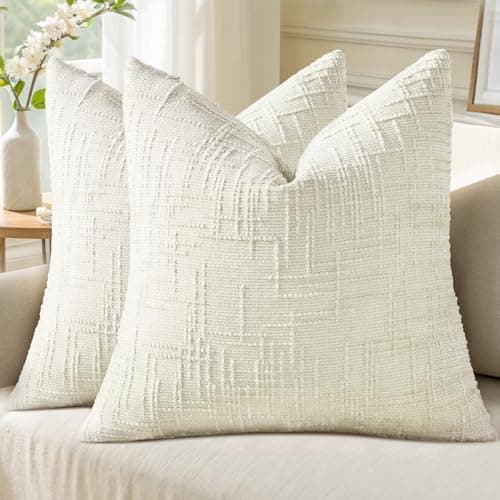 Image of Homaxy Chenille Throw Cushion Covers 45x45cm Pack of 2 Thick Textured Slubby Couch Pillow Covers Modern Neutral Decorative Soft Cozy Pillow Cases for Bed Sofa Living Room, Cream White