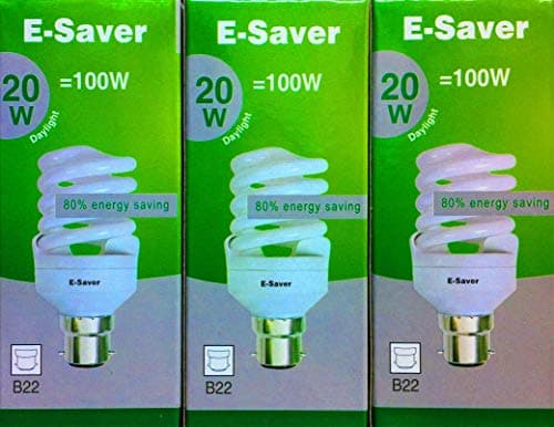 Image of E-Saver - CFL Full Spiral - Energy Saving Light Bulbs -20w = 100 Watt - (Pack of 3) - Daylight 6400k – Bayonet Light Bulb (B22- B22d) - Great for SAD - Snooker, Pool, Hobbies, Crafts, Photography