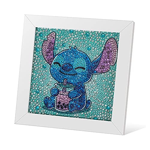 Image of AllWenTo 5D Diamond Painting Kit for Kids with Wooden Frame Easy Small Anime Diamond Painting Full Drill Diamond Art Gem Painting for Beginners 7X7 inch (Stitch), (DAM001-A)