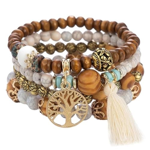 Image of Multi-Layer Boho Beaded Bracelet - Elastic Wooden and Tassel Tourist Souvenir Tree of Life for Women (Pack of 4)