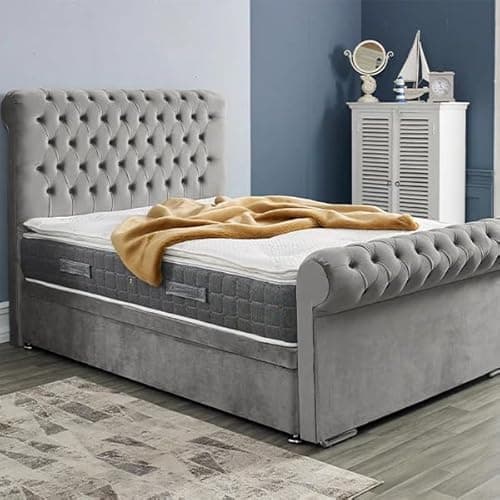 Image of MOORCROFT BEDS 3FT Single Chesterfield Sleigh Bed Frame With Headboard Upholstered In Plush Velvet Silver Bed Wooden Slats - No Mattress - No Storage (Silver, 3FT Single Frame Only)