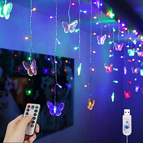 Image of YOLIGHT Butterfly Curtain Lights 4m 96 LED Fairy Lights 8 Modes with Remote Control, Hanging Butterfly String Lights for Room Girls Garden Ceiling Wall Party Wedding Christmas Decoration(Multicolor)