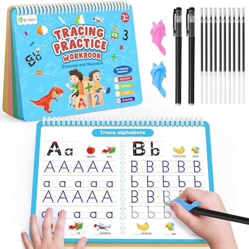 Image of D-FantiX 4 in 1 Large Magic Groove Practice Copybook, Reusable Grooved Handwriting Workbooks, Number Alphabet Tracing Books for Kids Ages 3-8, Handwriting Practice for Kids Kindergarten Preschool