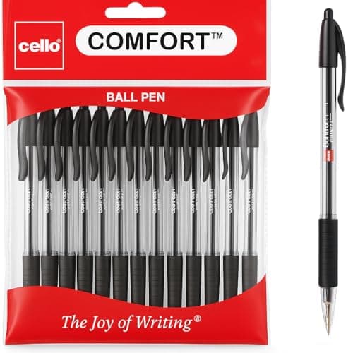 Image of Cello Comfort Ballpoint Pens - Premium Retractable Biro Pens with Ergonomic Grip, Medium Point 1.0mm, Black Ink, Pack of 12 - Ideal for Office, School & Home Writing