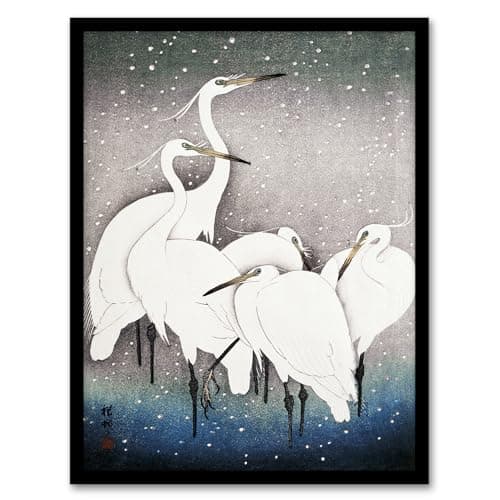 Image of Artery8 Group Of Egrets in Falling Snow Framed Wall Art Print Japan : Artwork by Ohara Koson A4 Peaceful wintry bird scene bringing stillness to bedrooms or natural-themed interiors