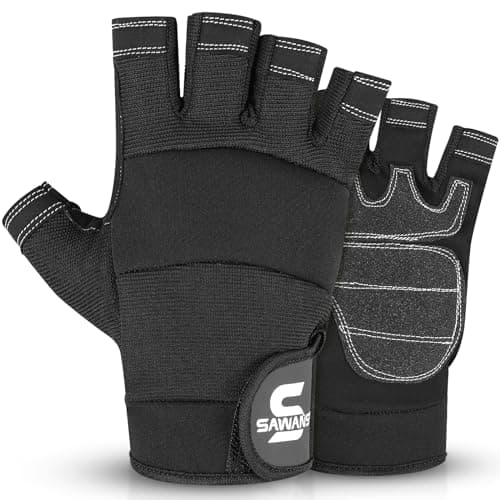 Image of SAWANS Fingerless Working Gloves for Men Performance Heavy Duty Half-Finger Work Gloves Mechanic Anti Slip Safety Gloves for Work Warehouse Training Dexterity Carpenters Rigger Gloves (Black, L)
