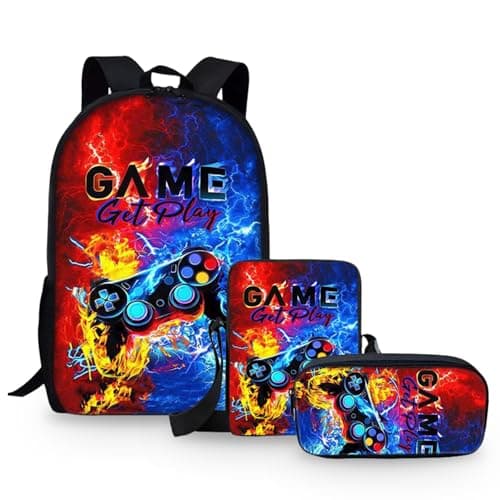 Image of Cunegra 3-Piece Gaming Backpack, Game Print Backpack for Kids Children, School Bookbag with Insulated Lunchbox Pencil Case, Waterproof Laptop Backpack for Students & Gamers