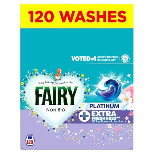 Image of Fairy Non-Bio Platinum Pods, Silk Tree Blossom & Jasmine Washing Liquid Laundry Detergent Tablets/Capsules, 120 Washes (60 x 2)