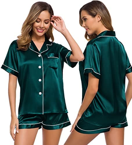 Image of SWOMOG Pyjama Set for Women Silk Pjs 2 Piece Button Down Sleepwear Set Satin Loungewear Soft Nightwear Deep Green