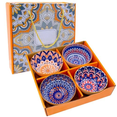 Image of inheming Bohemian Ceramic Bowls Set of 4, 10oz/300ml Small Spice Bowls for Soup, Cereal, Desserts Rice Dessert Bowl with Gift Box,Microwave & Dishwasher Safe