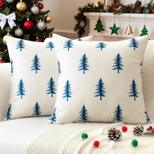 Image of JOTOM Christmas Cushion Covers 60x60 cm Set of 2 Christmas Tree Decorative Double Sided Printed Throw Pillow Covers 24x24 Inch Sofa Winter Holiday Cushion Cases for Home Couch Decor (Winter Blue Tree)