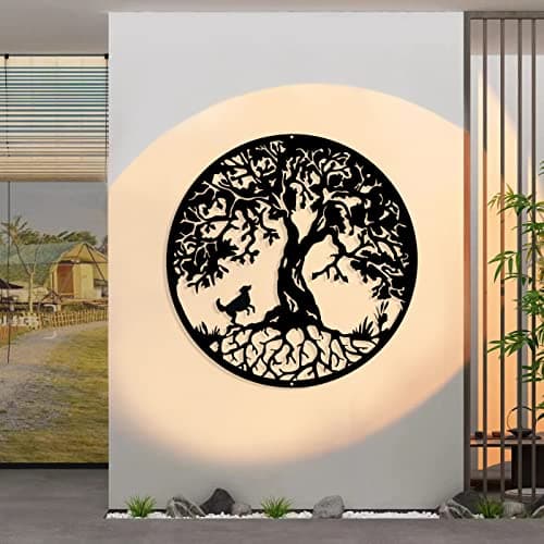 Image of Pduoduo 50cm Black Metal Tree of Life Wall Decor Silhouette Art(with dog) for Gift Present Indoor Outdoor Garden Home Decoration (19.7inch)