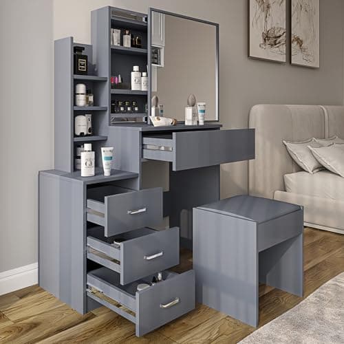 Image of Blisswood Dressing Table with 10 Led Bulb & Mirror and Stool, Vanity Desk with 4 Drawer 3 open Storage Shelves and 3 Hidden Shelves, Modern Makeup Table for Bedroom & Living Room (Grey)