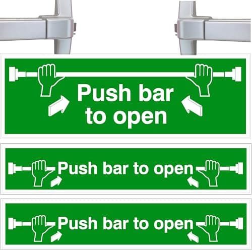 Image of Push bar to open, Safety Signs, Self Adhesive Vinyl 3Pcs, Waterproof Decals Set, (BS-5499) compliant, 30cm x 10cm and 2x 30cm x 6cm Door Signs, for Indoor Outdoor Use - Made In UK by PrintKings