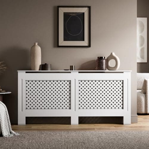Image of Radiant Living Radiator Cover Diamond Cross Pattern, Modern White MDF Radiator Cabinet for Living Room & Bedroom, Extra Large 172 x 81.5 x 19cm