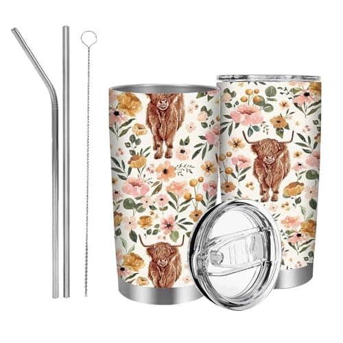Image of Fakcrkun Highland Cow Gifts for Women, Floral Highland Cow Stainless Steel Vacuum Coffee Cup, 20oz Personalized Travel Mug with Straws and Brush, Insulated Coffee Cup & Wine Tumbler