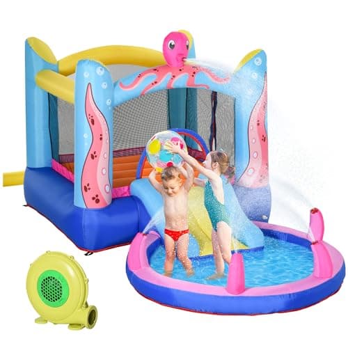 Image of Outsunny 3 in 1 Kids Bouncy Castle with Slide and Pool Trampoline, Inflatable Water Park with Blower for Kids Age 3-8 Octopus Design 3.6 x 1.75 x 1.8m