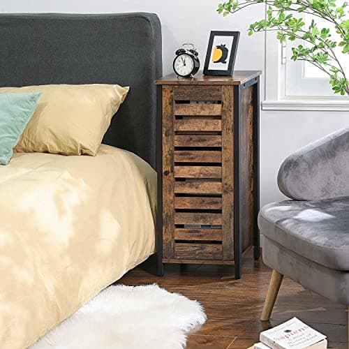 Image of Industrial Style Wood/Steel Nightstand Bedside End Table Bathroom Cabinet With Shutter Door Sofa Side Table, Industrial Bedside End Table with Storage for Home Bedroom Living Room