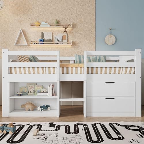 Image of ModernLuxe 3FT Kids Single Bed Frame with Spacious Storage, Stylish Mid Sleeper Bed for Children with Sturdy Safety Guardrail, 2 Drawers with Slides, 2 Storage Compartments, White, 90x190cm