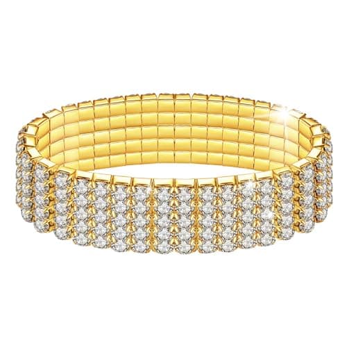 Image of Kucheed Rhinestone Stretch Bracelets, Twinkle Diamond Tennis Bangle, Silver Bling Crystal Bridal Stackable Bracelet Jewelry, Silver Shining Wedding Party Elastic Band Bracelet for Women (Gold)