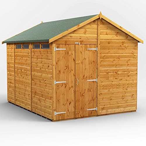 Image of POWER 10x8 Apex Wooden Garden Shed. Double Door Security Shed with Scandinavian Tongue and Groove Timber, Toughened Safety Glass, and Galvanised Ironmongery